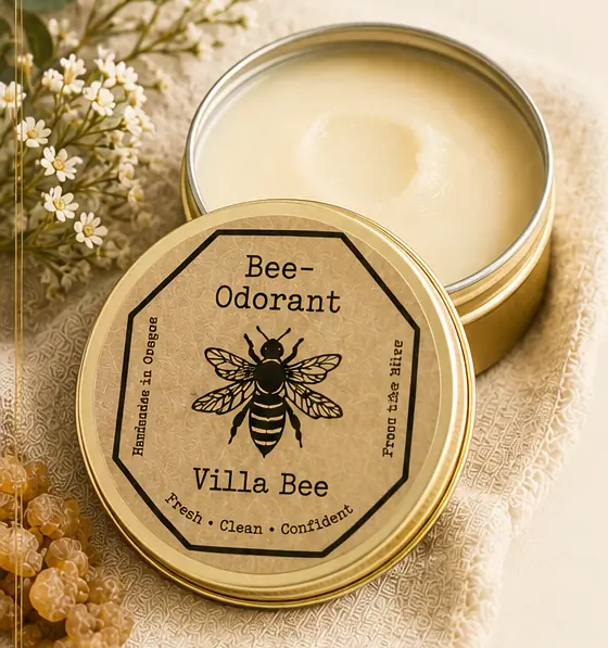 Open gold tin of beeswax deodorant with a kraft hexagon Bee-Odorant label