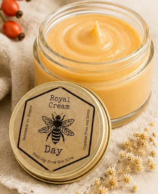 Glass jar of golden day cream beside a gold lid with a kraft hexagon Royal Cream Day label, rose hips and dried flowers