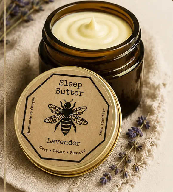Amber jar of whipped body butter with a gold lid and a lavender label, beside lavender sprigs
